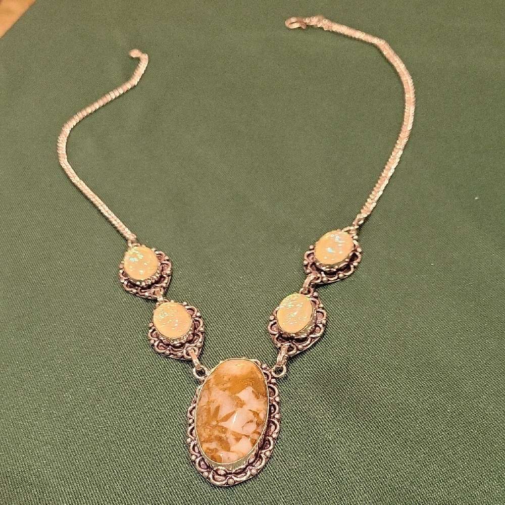New Handmade .925 Double Stamped Silver Necklace W/ Picture Jasper Cabichon